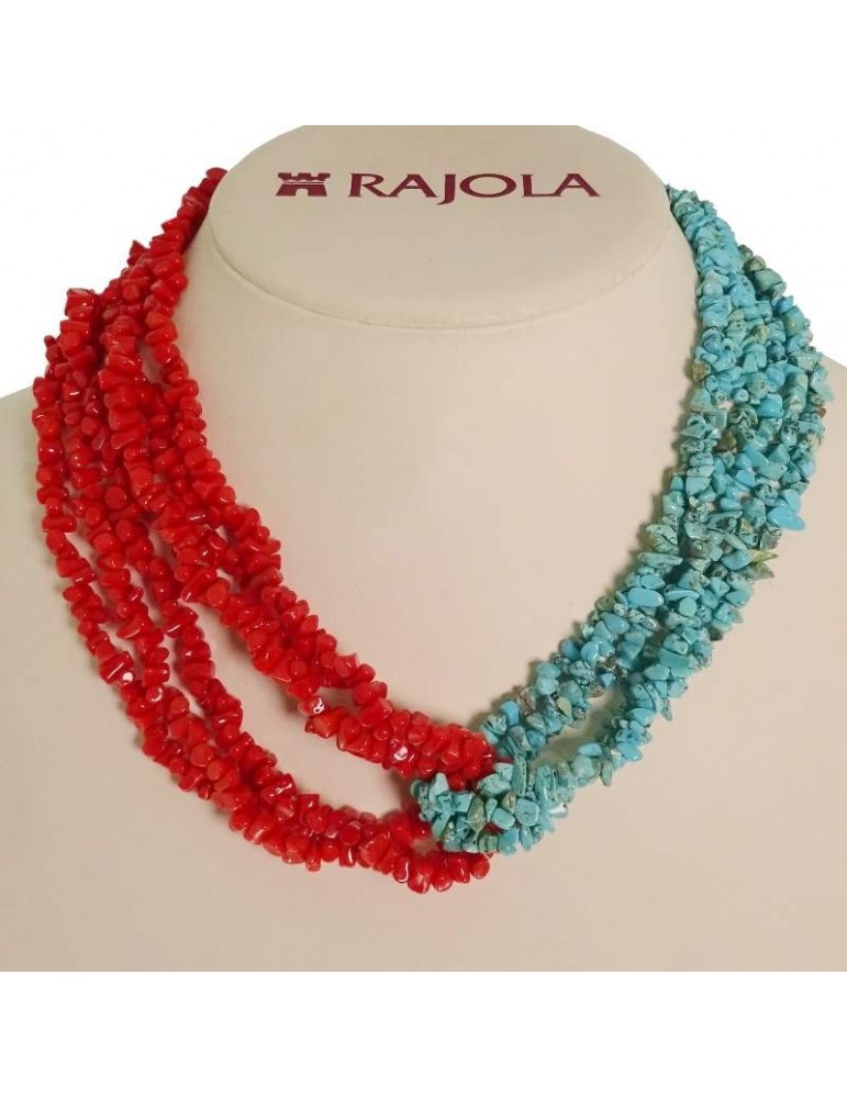 Rajola Necklace - Round Neck - Red Coral - Turquoise Stone - 257422