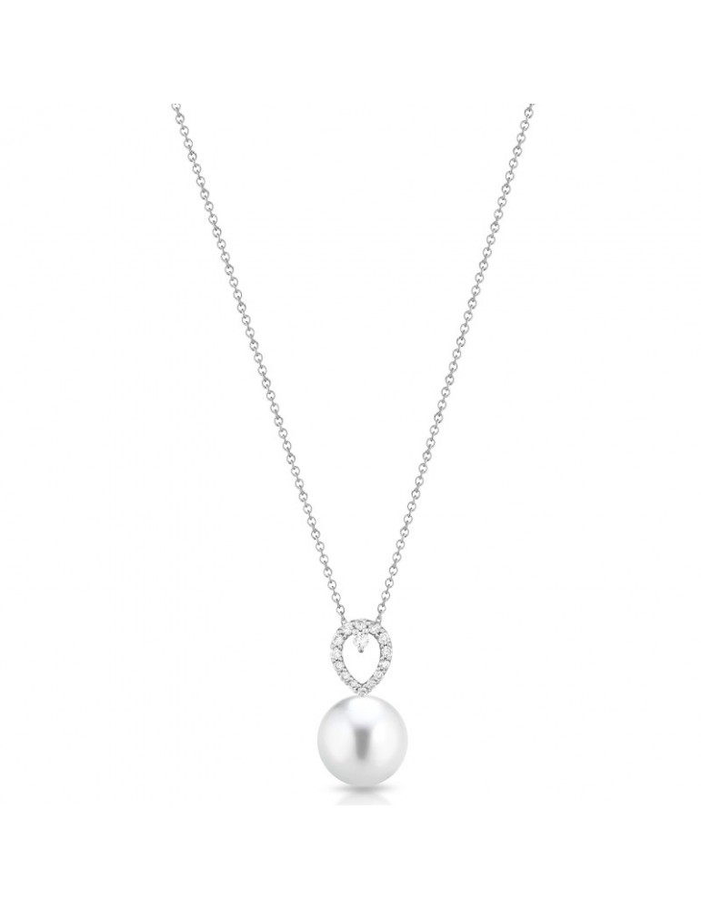 Coscia Pendant for Woman - in 18K White Gold with 11-12mm Freshwater Pearl and 0.23 Ct Diamonds - 0
