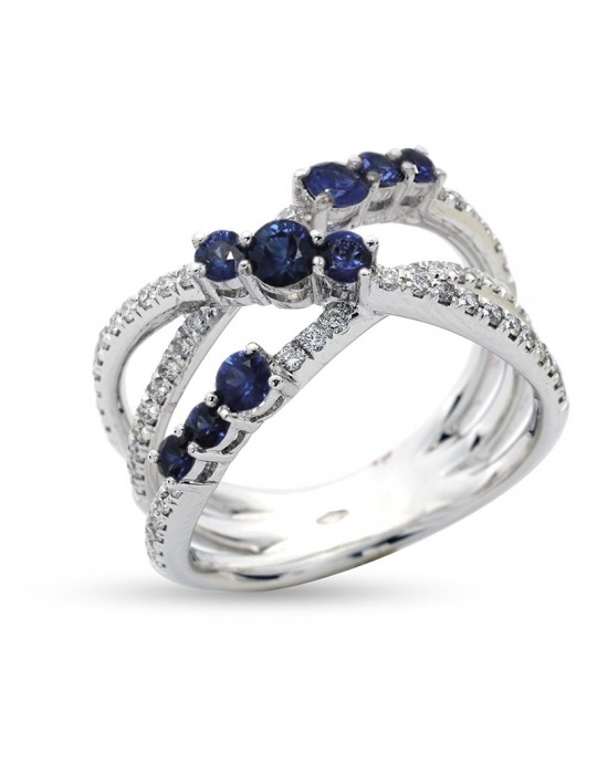 Buonocore Ring - Bridge in 18K White Gold with White Diamonds and 0.78 ct Sapphires - 0