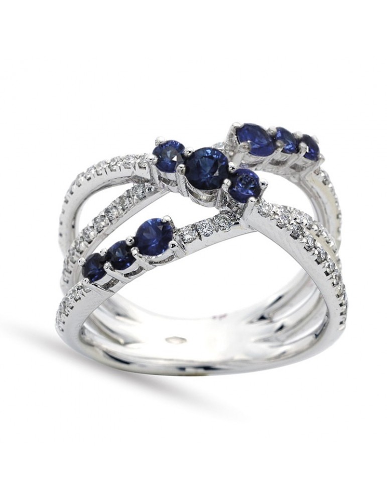 Buonocore Ring - Bridge in 18K White Gold with White Diamonds and 0.78 ct Sapphires - 0
