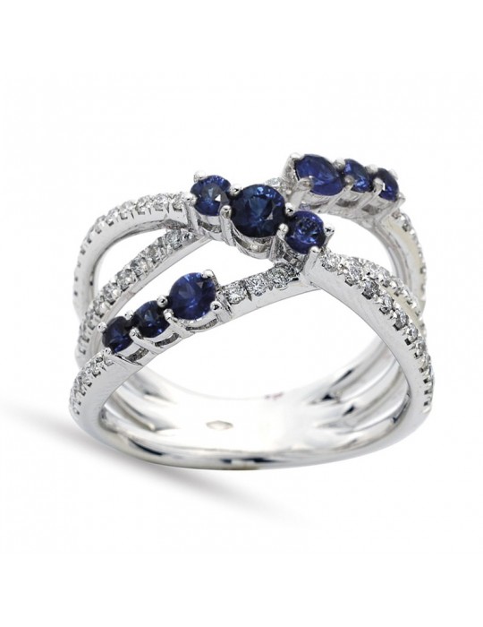 Buonocore Ring - Bridge in 18K White Gold with White Diamonds and 0.78 ct Sapphires - 0