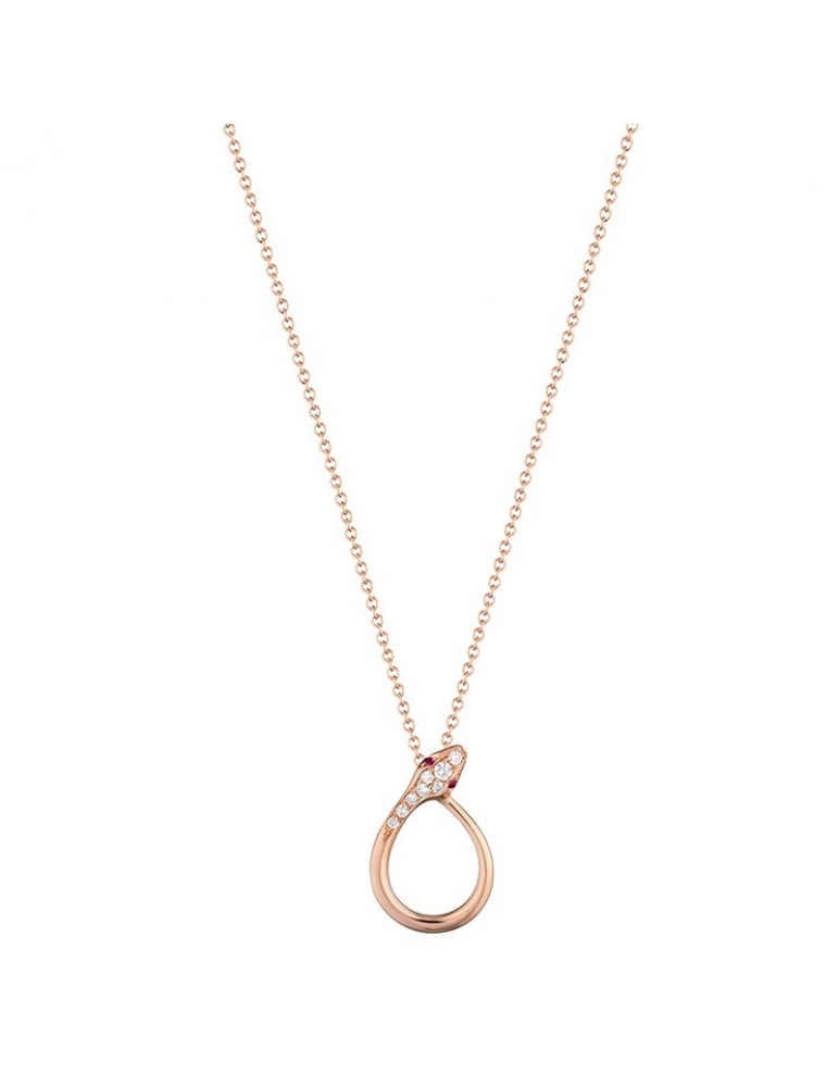 Buonocore - Eden Necklace in 18K Rose Gold with White Diamonds and Rubies Snake Pendant - 0