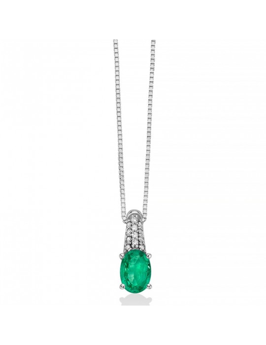 Miluna Women's Necklace - in 18K White Gold with Emerald Pendant and Natural Diamonds - 0