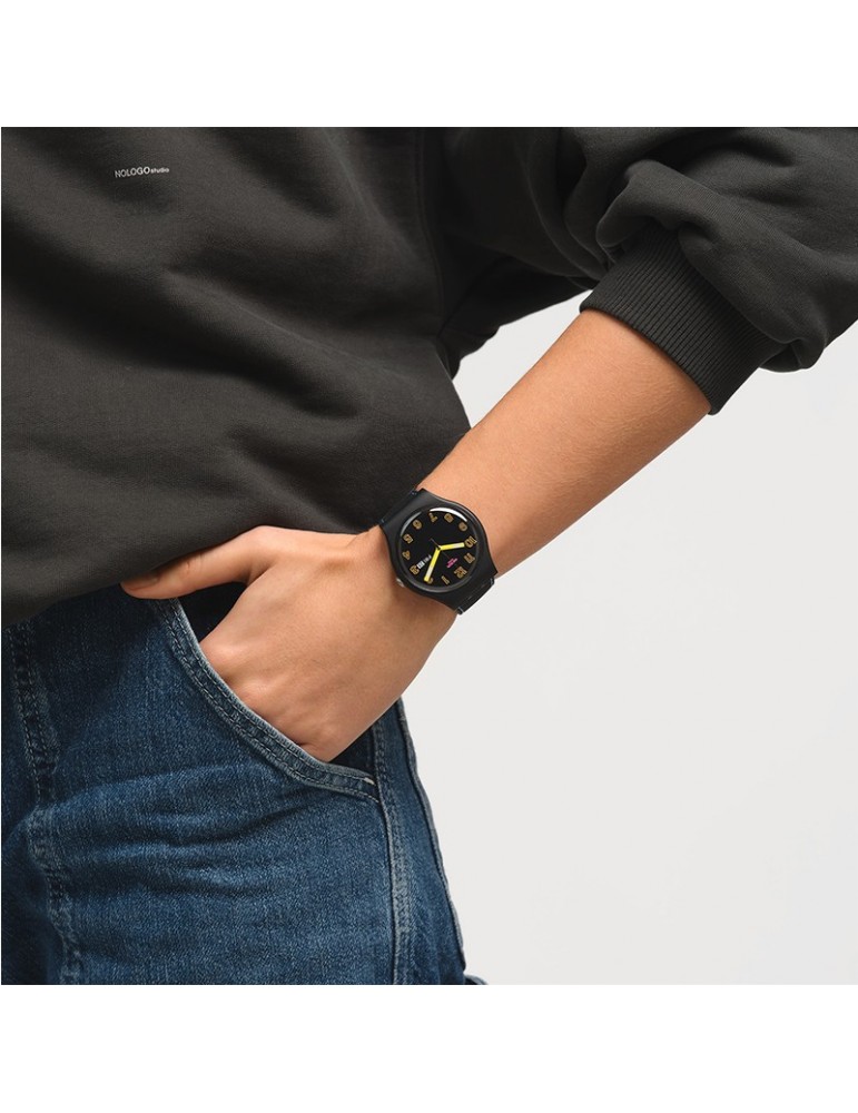 Swatch Watch - Dark Glow - Black - 41mm - Yellow Hands - SO29B707