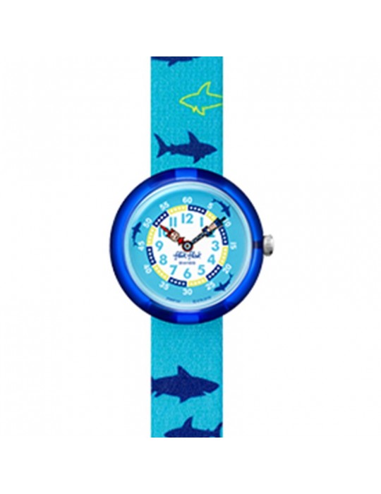 Orologio Flik Flak -Pool in Miami-Sharkasm-Azzurro-32mm-Squali-FBNP157