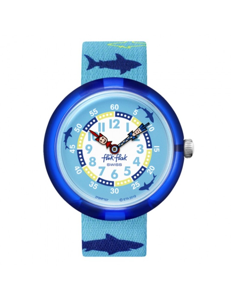 Orologio Flik Flak -Pool in Miami-Sharkasm-Azzurro-32mm-Squali-FBNP157