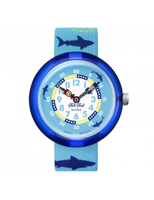 Orologio Flik Flak -Pool in Miami-Sharkasm-Azzurro-32mm-Squali-FBNP157