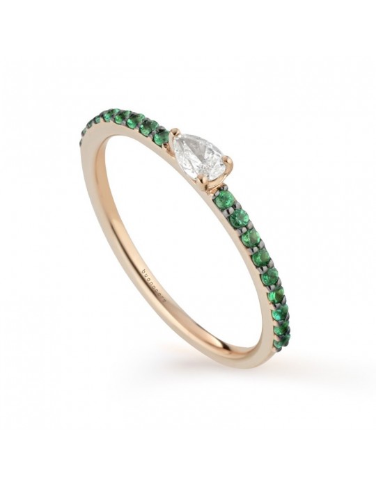 Buonocore Ring - Playful in 18K Rose Gold with Green Emeralds and White Diamond Drop - 0