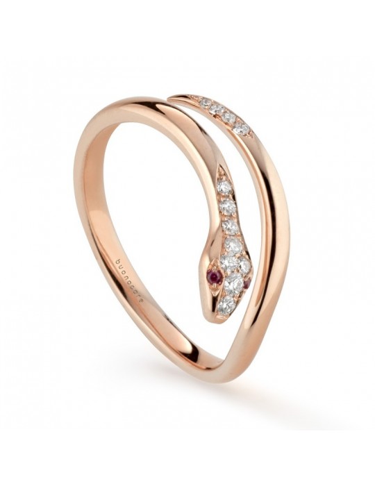 Buonocore - Eden Ring in 18K Rose Gold Snake with White Diamonds and Red Rubies - 0