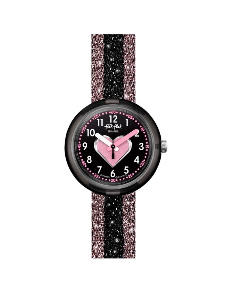 Flik Flak Watch - Little Heart - Pink - Black - Glittery-32mm-FPNP071
