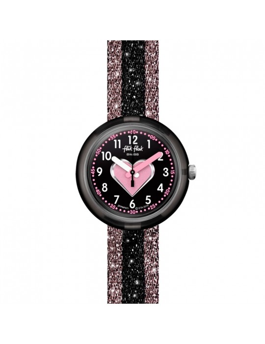 Orologio Flik Flak - Cuoricino - Rosa - Nero - Glitterato-32mm-FPNP071
