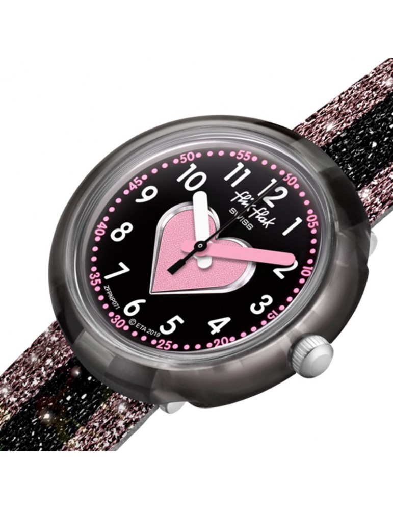 Flik Flak Watch - Little Heart - Pink - Black - Glittery-32mm-FPNP071