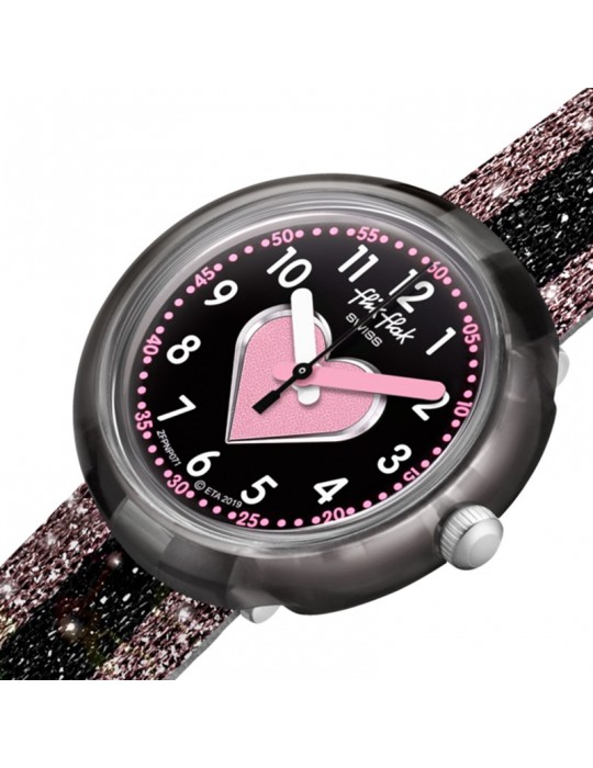 Orologio Flik Flak - Cuoricino - Rosa - Nero - Glitterato-32mm-FPNP071