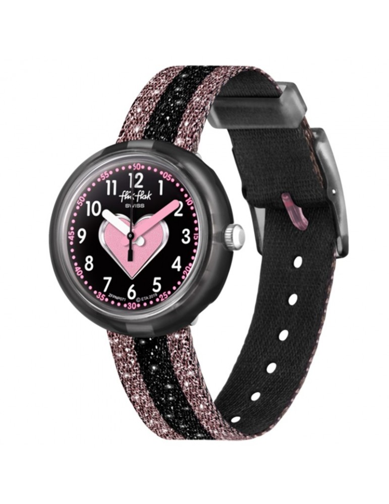 Orologio Flik Flak - Cuoricino - Rosa - Nero - Glitterato-32mm-FPNP071