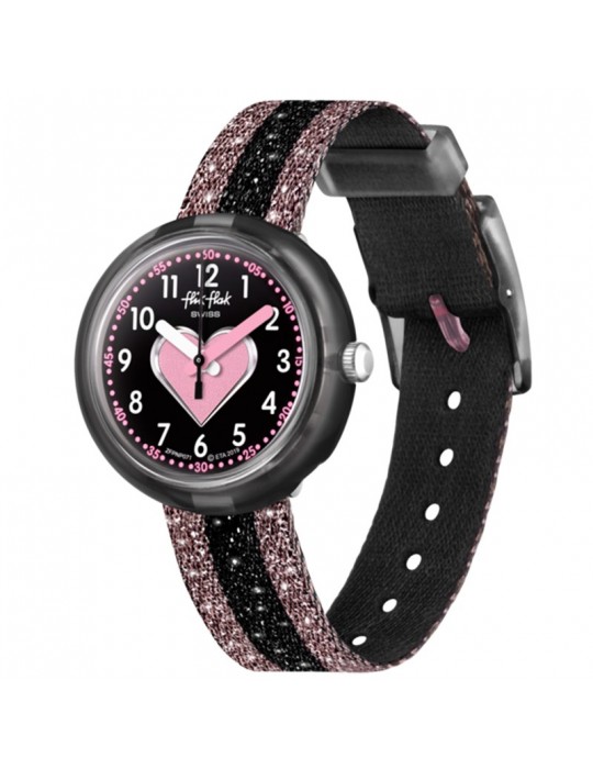 Flik Flak Watch - Little Heart - Pink - Black - Glittery-32mm-FPNP071