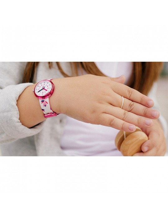 Flik Flak Watch - Marinette - Pink - 32mm - White-Floral-FPNP095