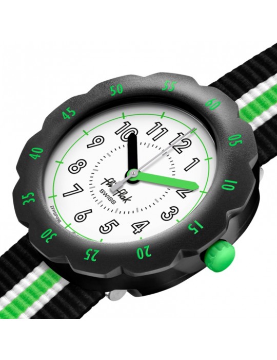 Flik Flak Watch - Adrien - Black -35mm-Green Stripe-White-FPSP056