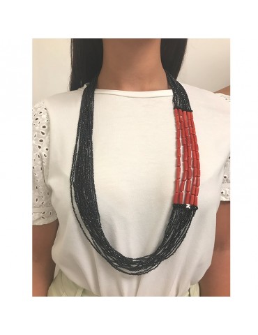 Rajola Necklace - Spotted - Multistrand-Red Coral-Black Onyx-2569921