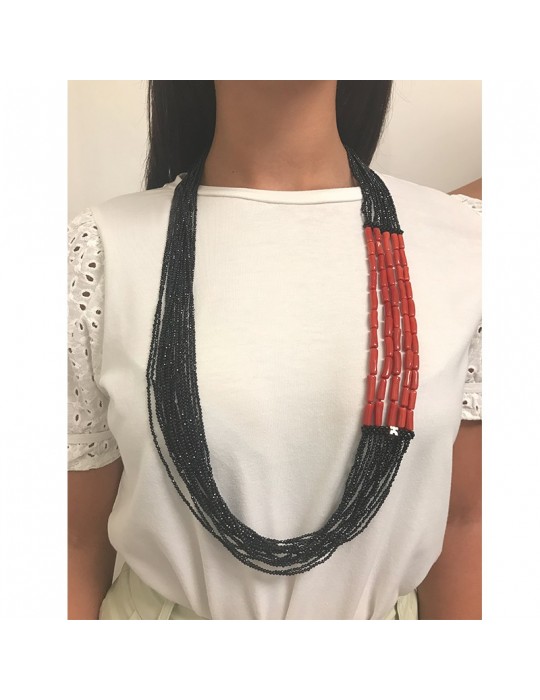 Rajola Necklace - Spotted - Multistrand-Red Coral-Black Onyx-2569921