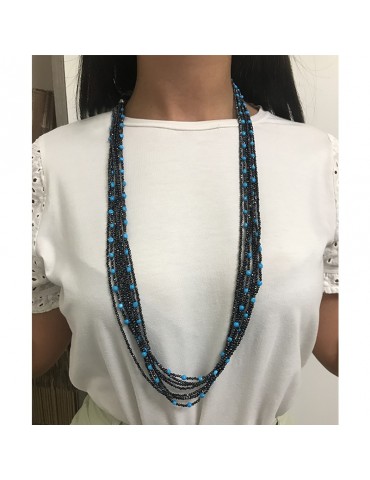 Collana Rajola da Donna - Valzer Lunga Multifilo con Spinello Blu e Pasta Turchese - 0 2