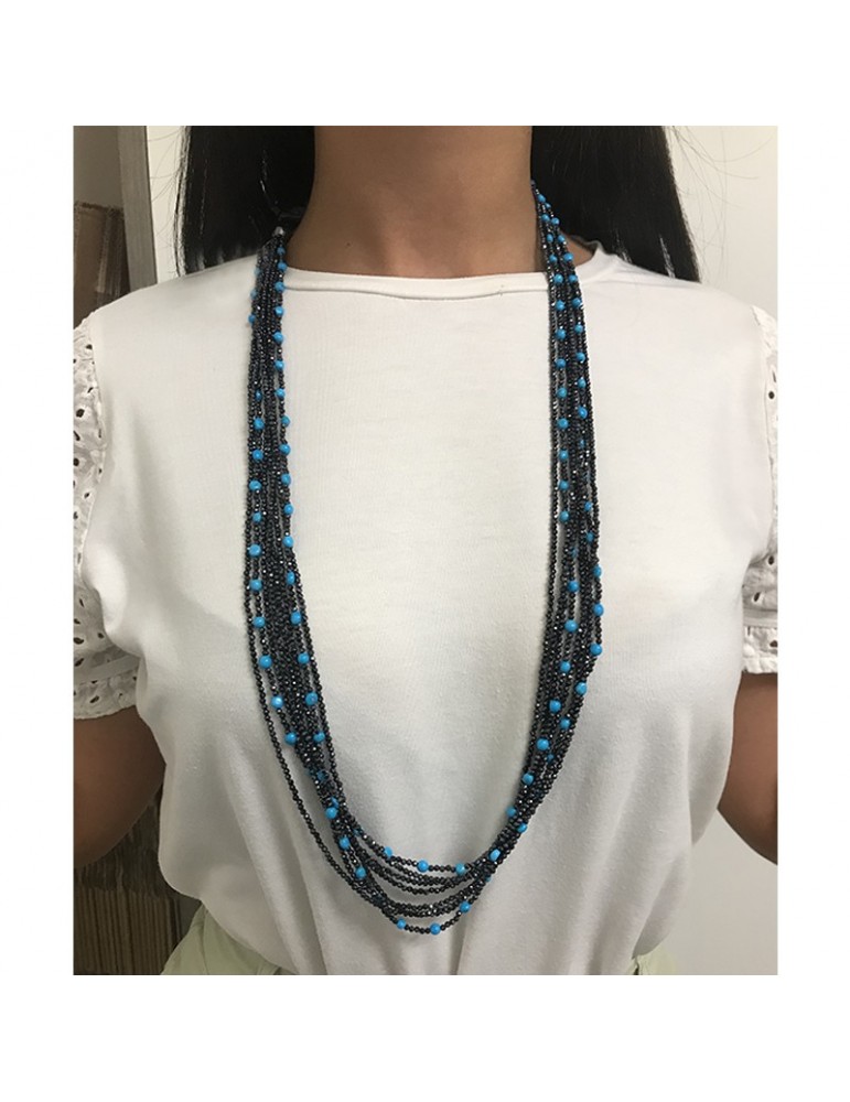 Collana Rajola da Donna - Valzer Lunga Multifilo con Spinello Blu e Pasta Turchese - 0