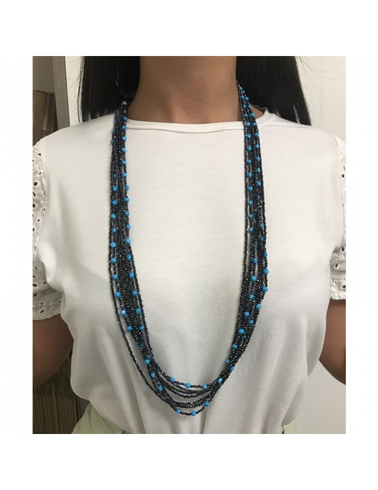 Collana Rajola da Donna - Valzer Lunga Multifilo con Spinello Blu e Pasta Turchese - 0