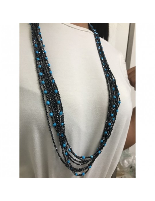 Collana Rajola da Donna - Valzer Lunga Multifilo con Spinello Blu e Pasta Turchese - 0