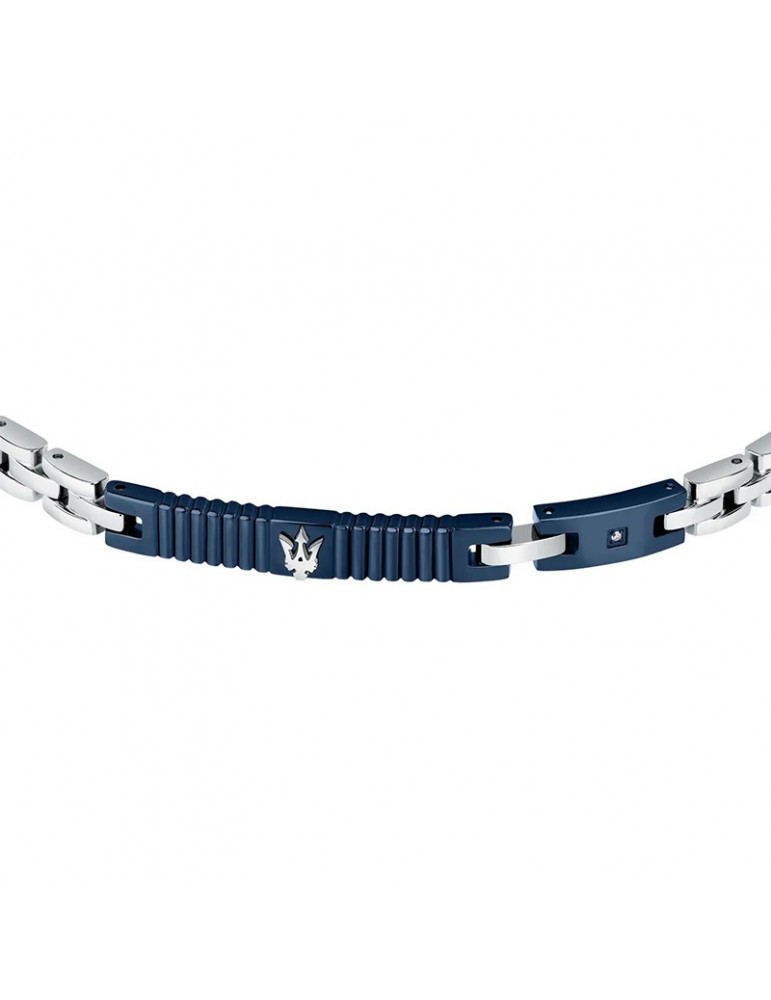 Maserati Men's Bracelet - Diamonds in Steel with Blue Central Bar and White Diamond - 0