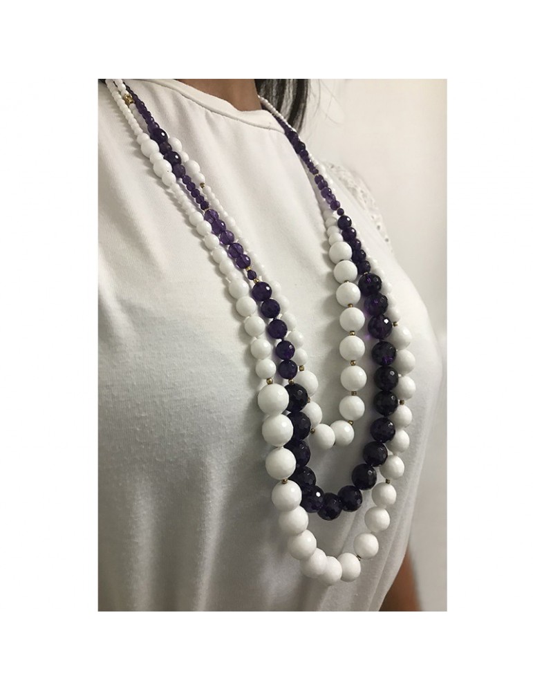 Rajola Necklace - Mito - Long Multistrand - White Paste-Amethyst-566161