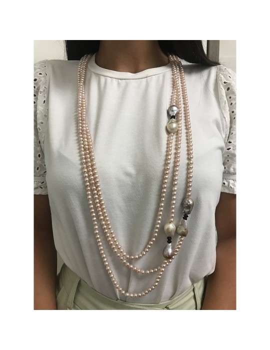 Rajola Necklace - Camilla - Long - Pink Pearls - Garnet - 542923