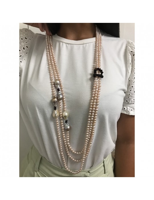 Rajola Necklace - Camilla - Long - Pink Pearls - Garnet - 542923