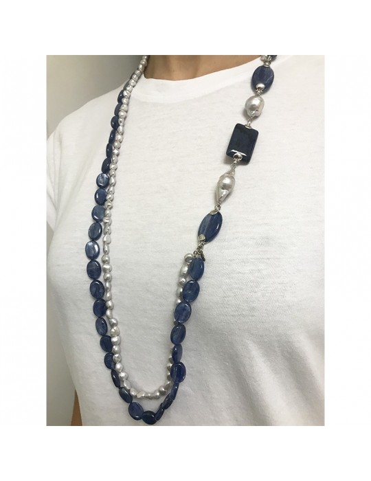 Della Rovere Necklace - Endless - Long - Cyanite - Gray Pearls - COLDR8273