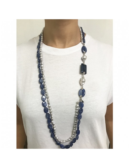 Della Rovere Necklace - Endless - Long - Cyanite - Gray Pearls - COLDR8273