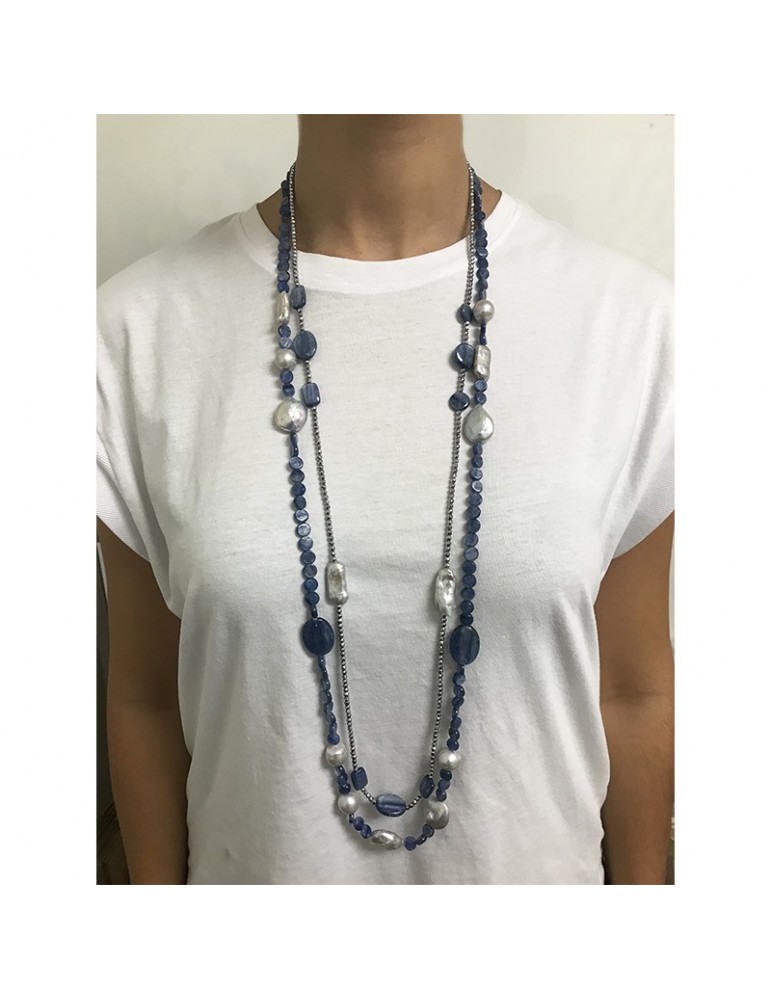 Della Rovere Necklace-Long-925% Silver-Kyanite-Grey Pearls-COLDR8279