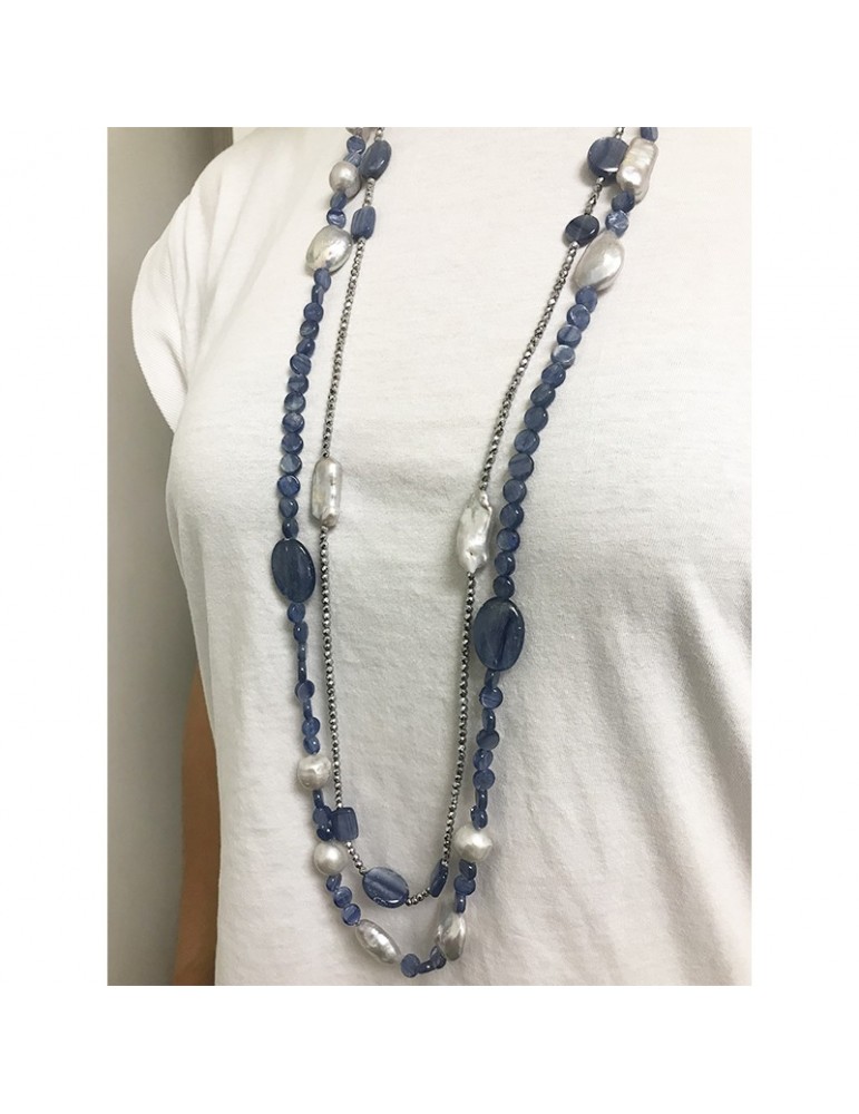 Collana Della Rovere-Lunga-Argento 925%-Cianite-Perle Grigie-COLDR8279