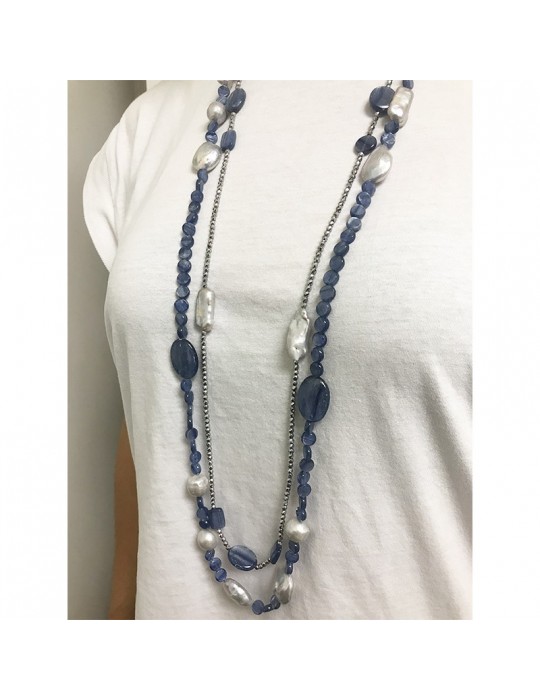 Collana Della Rovere-Lunga-Argento 925%-Cianite-Perle Grigie-COLDR8279
