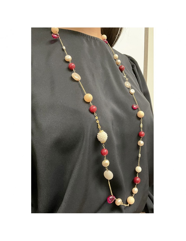 Collana Sikè - Argento 925% Dorato -Quarzo Cipria-Onice Rosso-ART12985