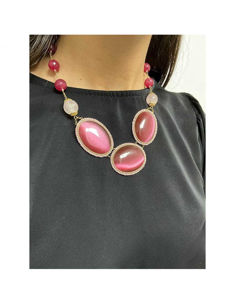 Collana Sikè da Donna - Occhi di Gatto Rosa - Quarzo Amarena - ART1164