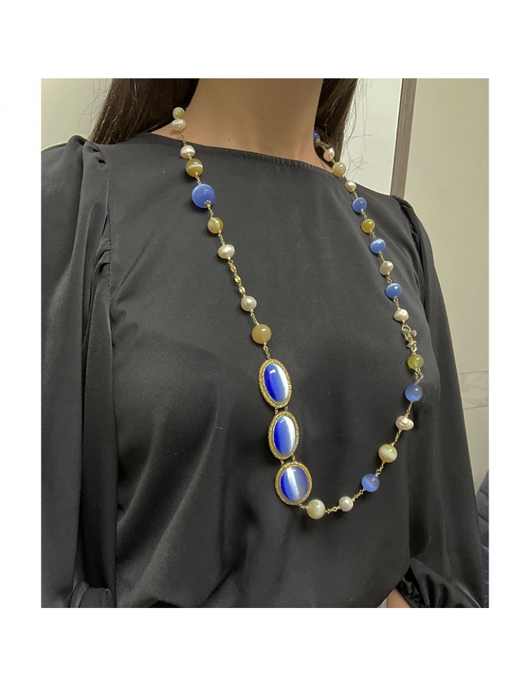 Collana Sikè - Argento 925% Dorato - Quarzo Idrotermale-Perle-ART12611