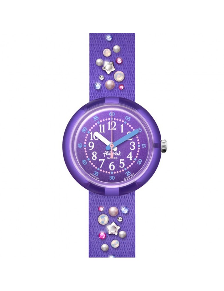 Orologio Flik Flak - Stargazing - Viola -32mm-Stelle-Cristalli-FPNP139