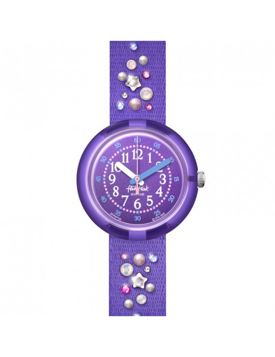 Orologio Flik Flak - Stargazing - Viola -32mm-Stelle-Cristalli-FPNP139