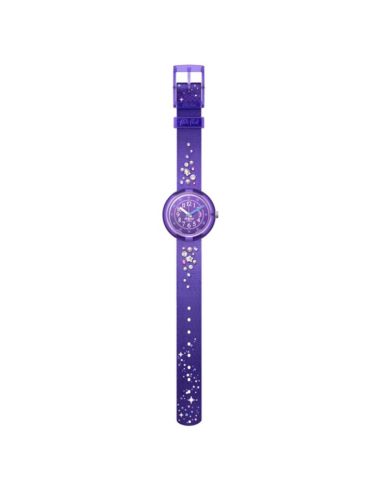 Orologio Flik Flak - Stargazing - Viola -32mm-Stelle-Cristalli-FPNP139