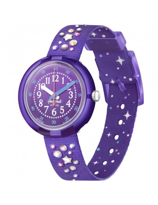 Orologio Flik Flak - Stargazing - Viola -32mm-Stelle-Cristalli-FPNP139