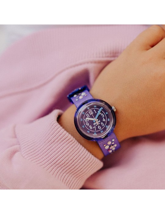 Orologio Flik Flak - Stargazing - Viola -32mm-Stelle-Cristalli-FPNP139