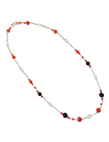 Silvia Kelly Necklace - in 18K White Gold and Rose Gold with Black Onyx and Red Coral - 0 2