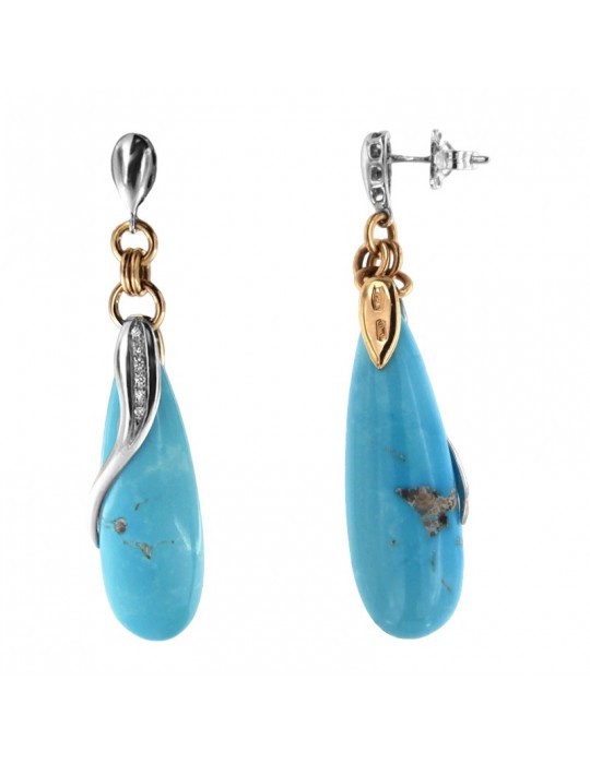 Silvia Kelly Earrings - 18K White Gold Teardrop Pendants in Turquoise and Natural Diamonds 0.06 ct - 0