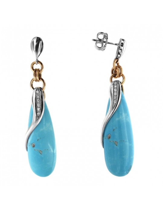 Silvia Kelly Earrings - 18K White Gold Teardrop Pendants in Turquoise and Natural Diamonds 0.06 ct - 0
