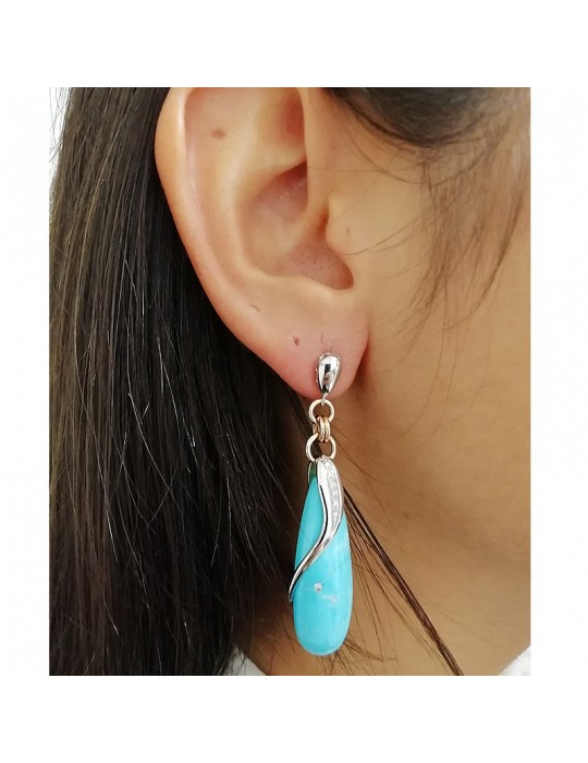 Silvia Kelly Earrings - 18K White Gold Teardrop Pendants in Turquoise and Natural Diamonds 0.06 ct - 0