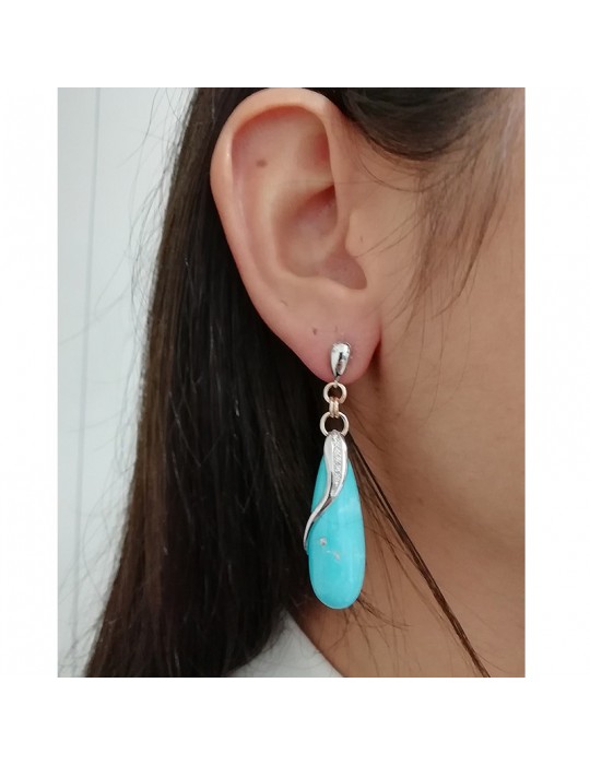 Silvia Kelly Earrings - 18K White Gold Teardrop Pendants in Turquoise and Natural Diamonds 0.06 ct - 0
