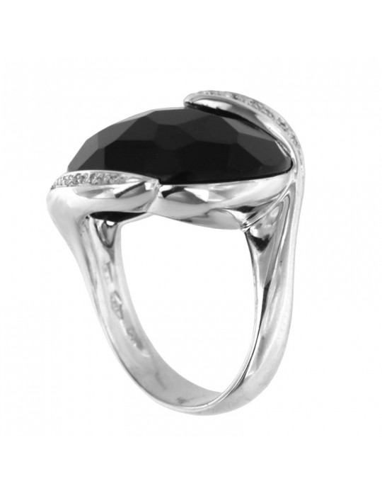 Anello Silvia Kelly - Oro Bianco 18 Carati - Agata Nera - Diamanti  0,12 ct